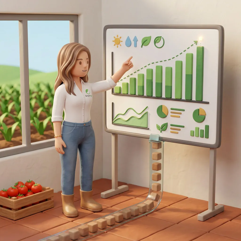 AI — analista señalando un tablero de barras verdes con proyección punteada que anticipa el volumen, alimentado por un conducto de datos limpio