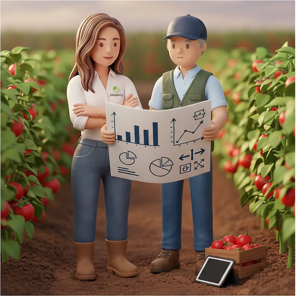 1:1 con dirección-VP-Gerencias — Carolina y el director de la operación revisan juntos un plano con gráficas entre las filas de tomate, con la tablet sobre una caja